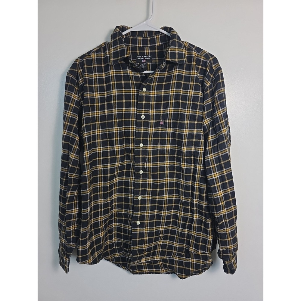 Polo Ralph Lauren Flannel Shirt Mens Small Black & Yellow Plaid 100% Cotton
